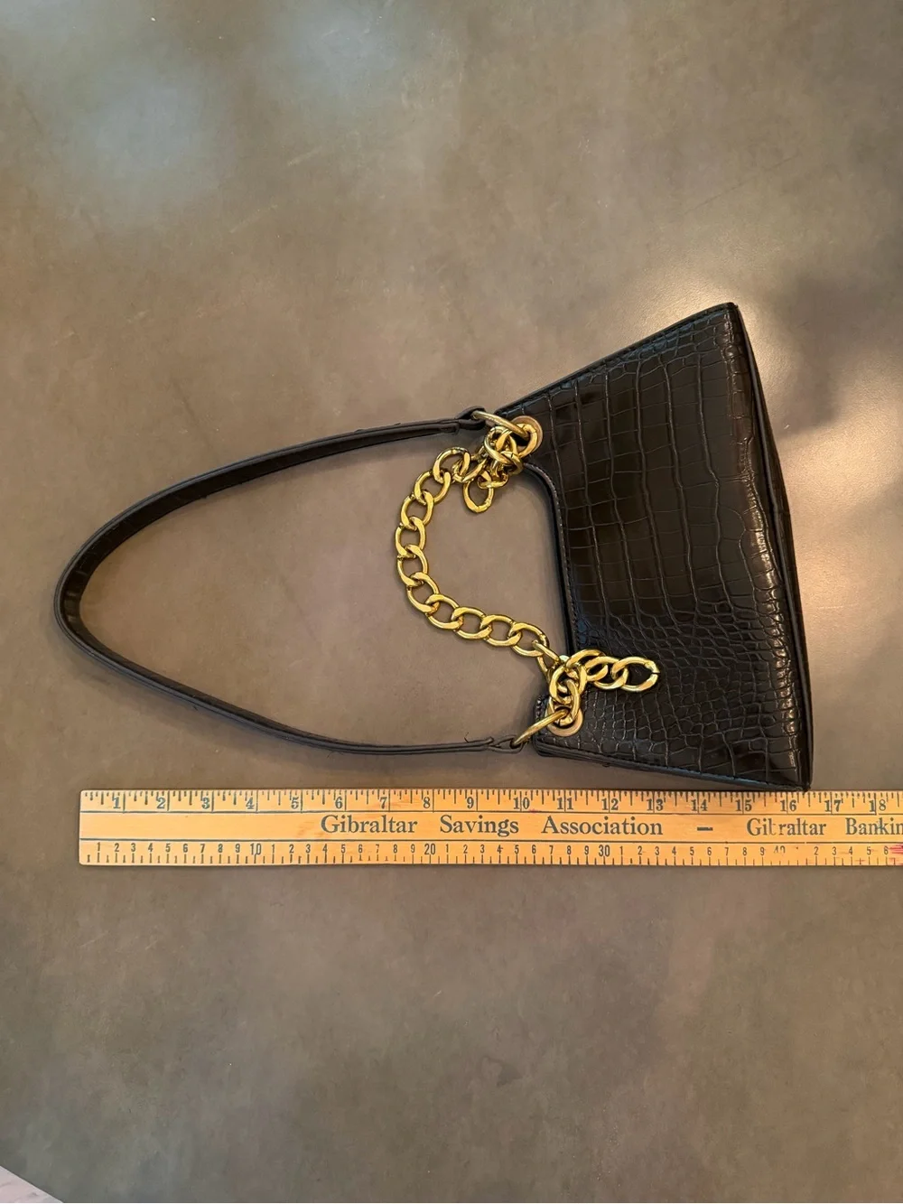 Black Croc-Embossed Shoulder Bag with Gold Chain